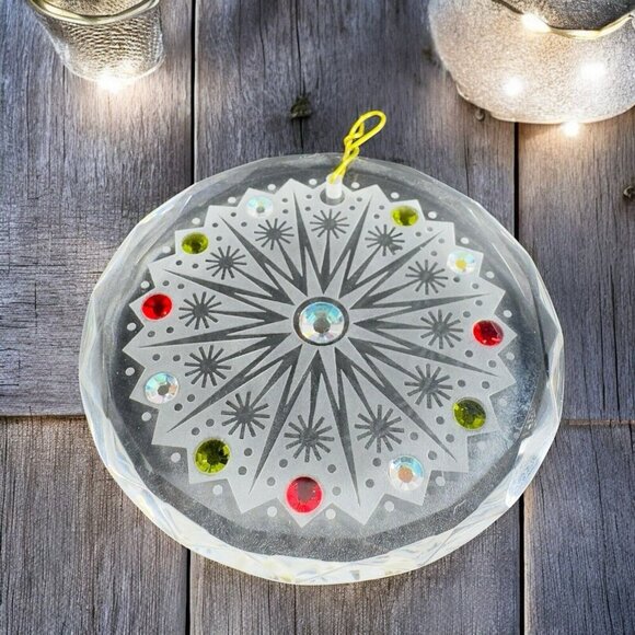 Hand Crafted Clear Crystal Round Jeweled Ornament Signed Christmas Decorative - Picture 1 of 14